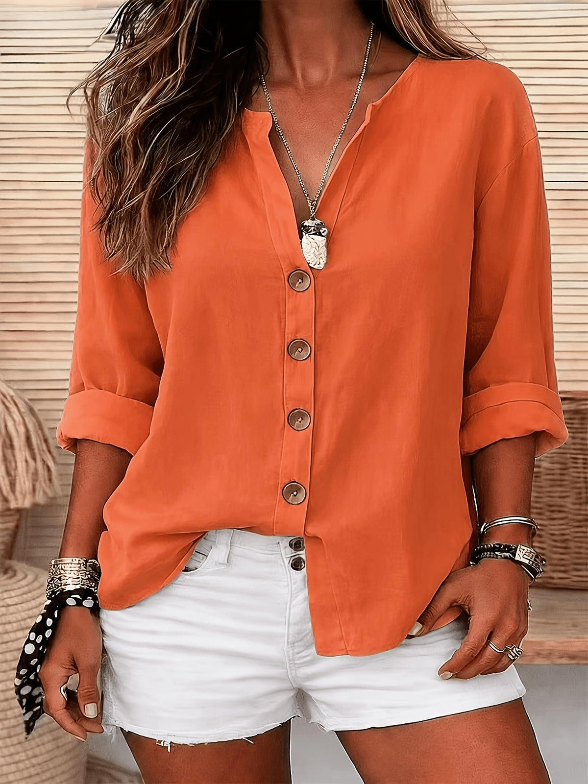 Solid Color Shirt, Round Neck with Buttons, Loose Fit, Suitable for Daily Wear, Spring/Summer Women's Shirt - Orange