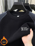 Men'S Color-Block Fleece Sweater Autumn Winter Thick Warm Knit Round Neck Pullover - Black