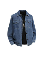 High-Quality Fashion Lapel Fleece-Lined Denim Jacket, Single-Breasted Simple Solid Color Men's Jacket with Large Pockets, Stylish Winter Thickened Men's Coat - Blue