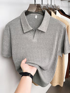 Men'S Vertical Striped V-Neck Knit Shirt, Summer Lapel Men'S Short-Sleeved T-Shirt, Solid Color Striped POLO Shirt, Casual Business Versatile Top, Commuting Men'S Clothing, Temperament Men'S Top - Grey