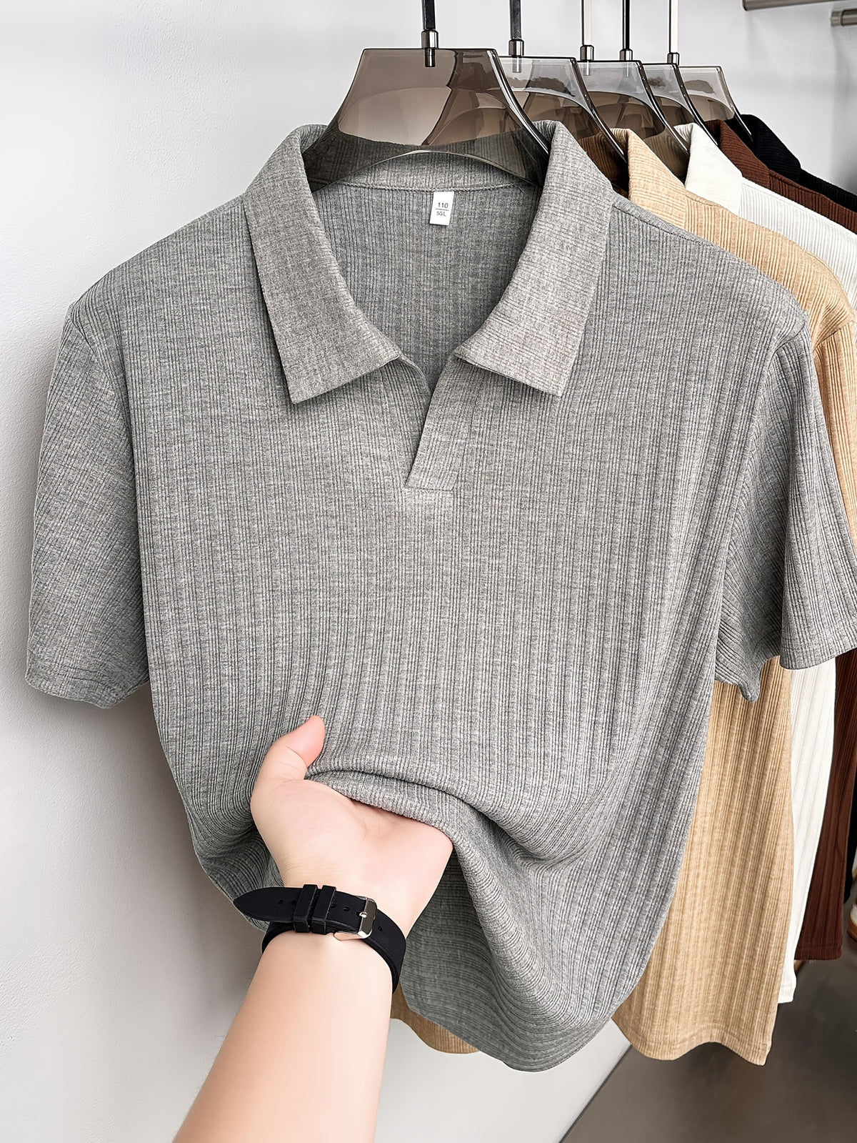 Men'S Vertical Striped V-Neck Knit Shirt, Summer Lapel Men'S Short-Sleeved T-Shirt, Solid Color Striped POLO Shirt, Casual Business Versatile Top, Commuting Men'S Clothing, Temperament Men'S Top - Grey