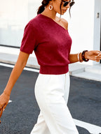Women'S New Spring Summer Off-Shoulder Short Sleeve Basic Solid Color Casual Elegant Women'S Top - Deep Red