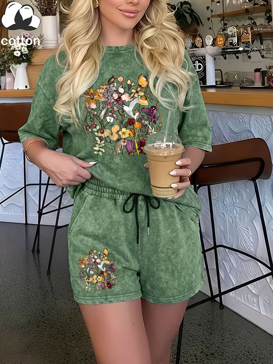 Summer Trendy Fashion Distressed Wash Short Sleeve Shorts Drawstring Women'S Set, Round Floral Bouquet Print, Vintage Dried Flower Style, Mori Literary Style, French Pastoral Style, Comfortable for Hot Weather, Classic Silhouette, Comfortable Fit - Green