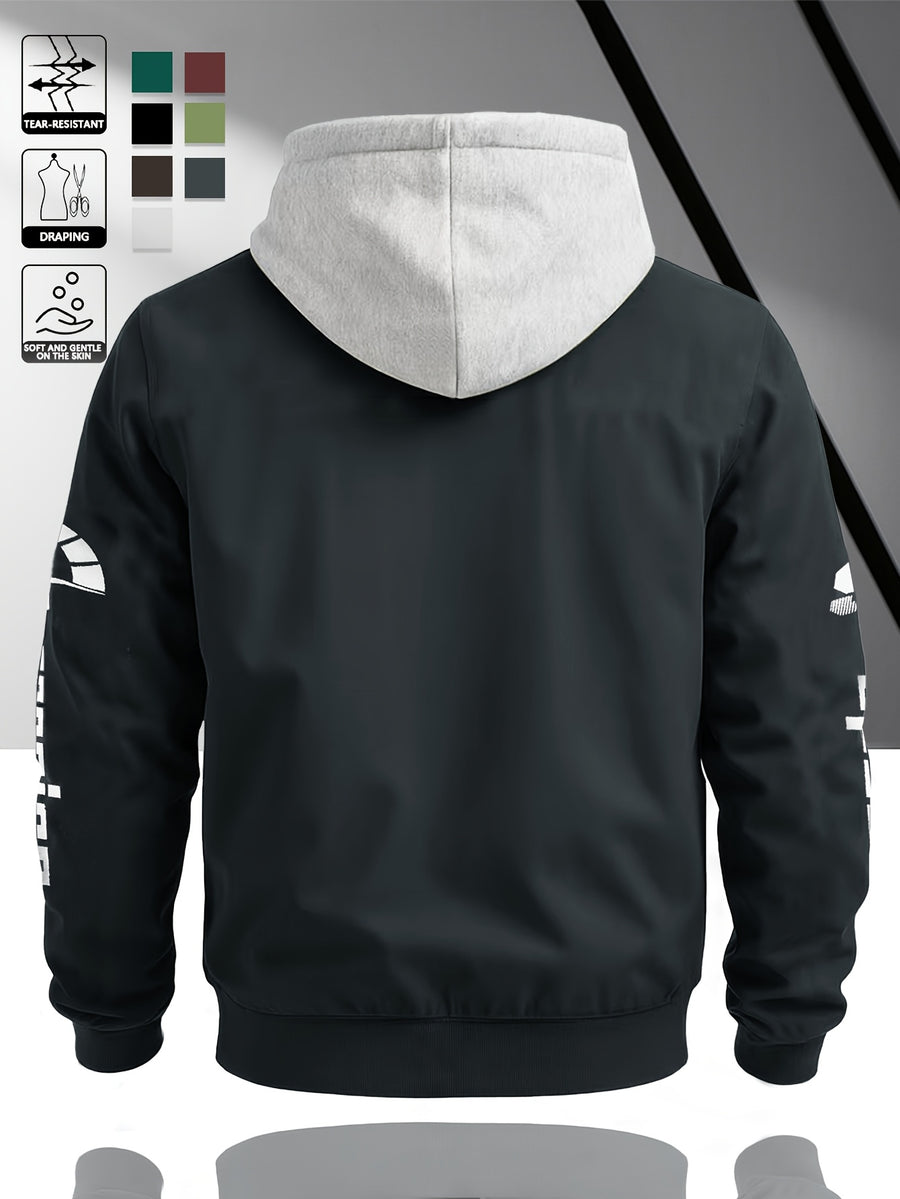 Fashion Casual Men'S Contrast Color Hooded Cardigan Long Sleeve Jacket, Letter Print, Comfortable And Versatile, Suitable for Autumn Winter JK5682, Sporty, Breathable, Regular Fit, Daily - Dark Gray