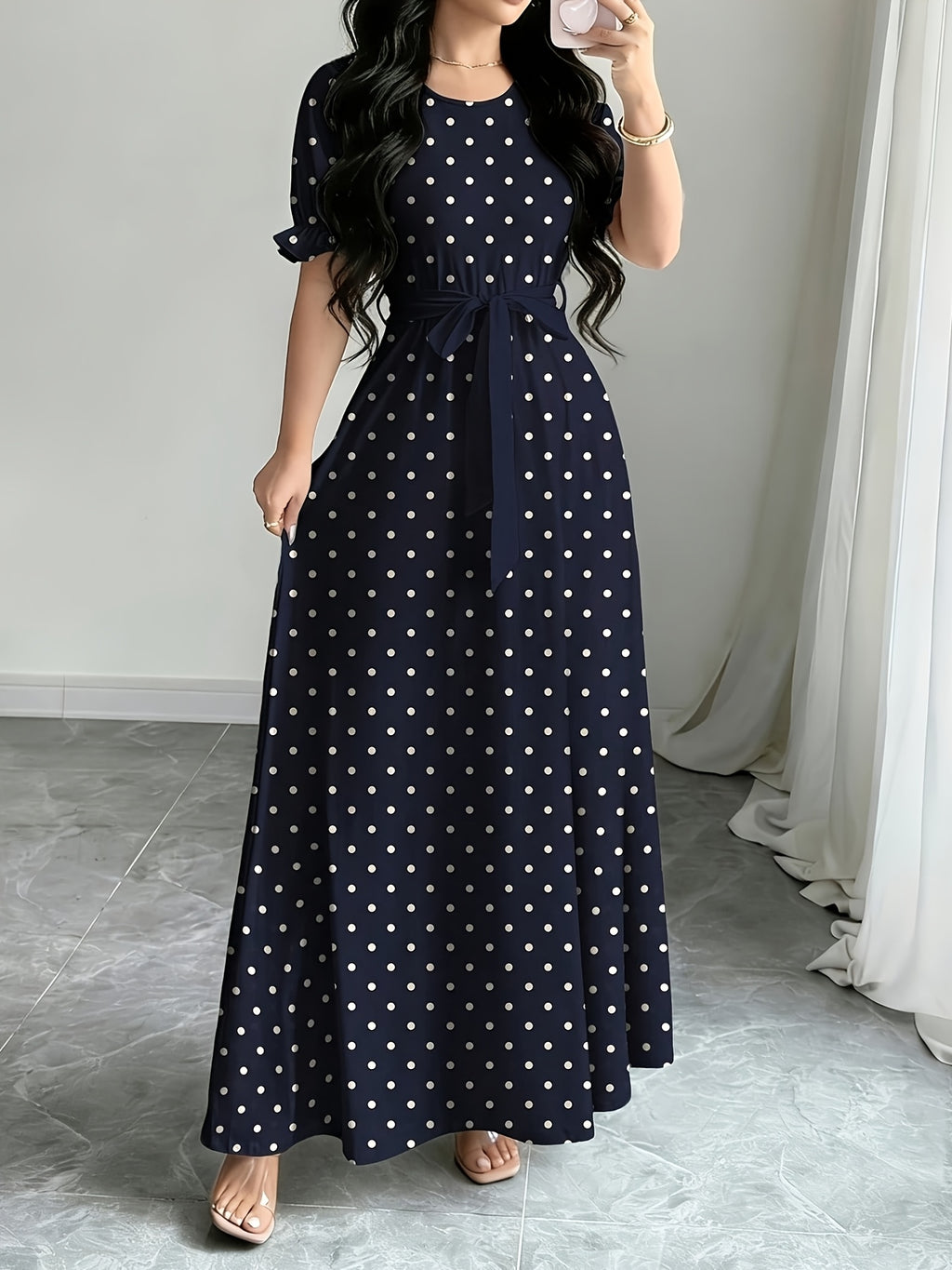 Women'S Printed Round Neck Casual Waist Dress - Navy blue color