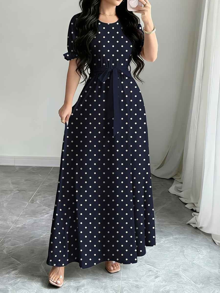 Women'S Printed Round Neck Casual Waist Dress - Navy blue color