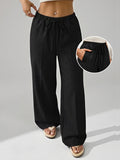 Summer Women'S Casual All-Match Straight Trousers with Elastic Waist And Fake Drawstring Design, Loose Comfortable Wide-Leg Pants Suitable for All Seasons, Outdoor Running And Athletic Long Pants - Black