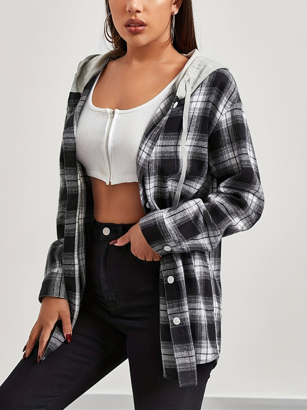 European And American Women'S Autumn And Winter Fashion Plaid Long Sleeve Hooded Shirt - Black