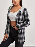 European And American Women'S Autumn And Winter Fashion Plaid Long Sleeve Hooded Shirt - Black
