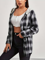 European And American Women'S Autumn And Winter Fashion Plaid Long Sleeve Hooded Shirt - Black