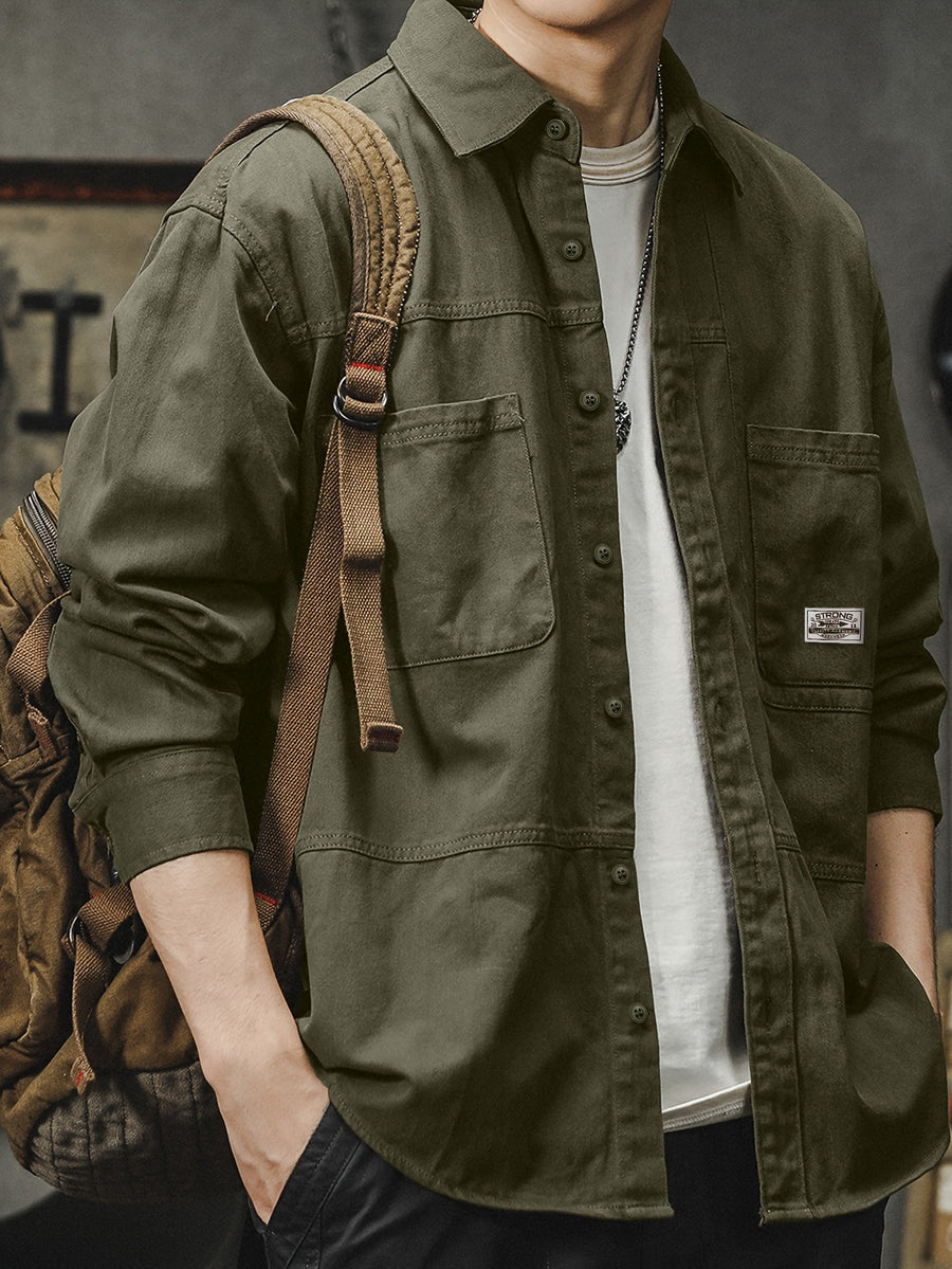 Men'S Cargo Shirt Spring Autumn Long Sleeve Top Vintage Workwear Style Multi-Pocket American Casual Top Outerwear, New Season - fern green