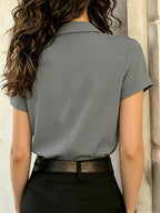 Women's Short-Sleeve Exquisite Red and White Small Logo Print Shirt, Summer Commuting Wrinkle-Free Elegant Top - Grey