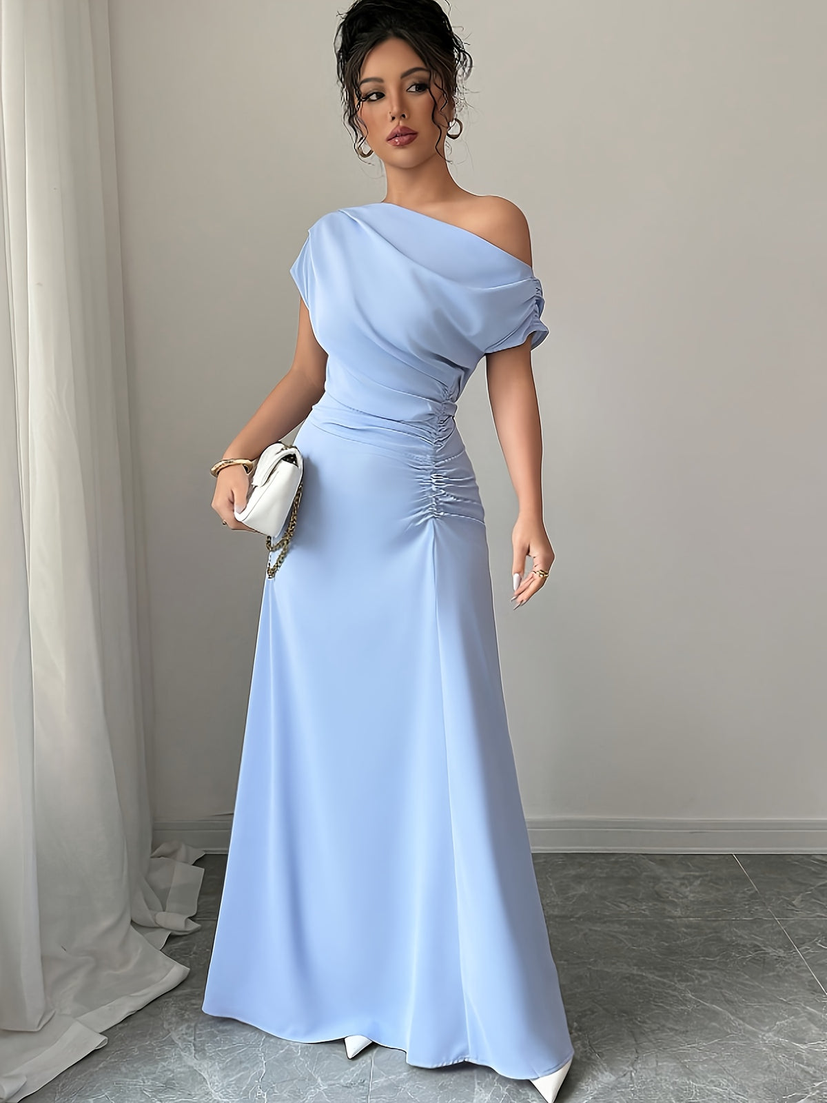 Off-Shoulder And Ruched Waist Elegant Off-Shoulder Fashion Date Commute Evening Dress Ultra-Long Bridesmaid Gown - Blue