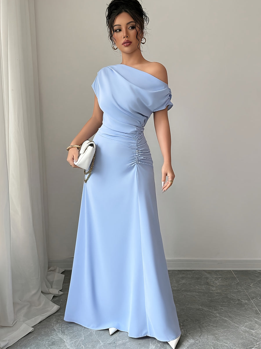 Off-Shoulder And Ruched Waist Elegant Off-Shoulder Fashion Date Commute Evening Dress Ultra-Long Bridesmaid Gown - Blue
