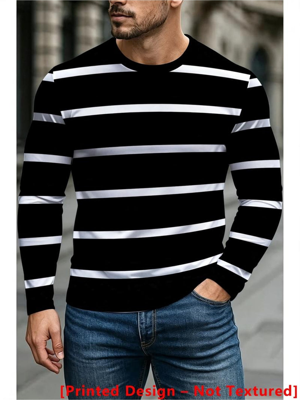 Printed Design – Not Textured, Men's Long-Sleeve T-Shirt, Black and White Striped Pattern, Mixed Color, Multiple Specifications Available, Suitable for Daily Wear, Stylish and Comfortable - Mixed colors