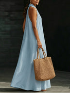 Women's Summer V-Neck Linen-Look Maxi Dress with Hidden Pockets - Sky Blue