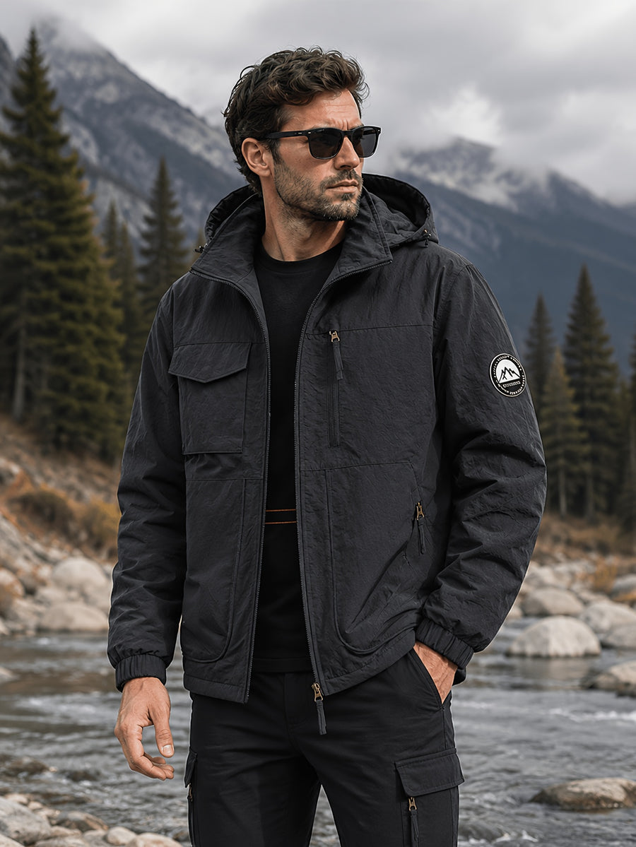 Fleece-Lined Cargo Jacket, Detachable Hood, Multi-Pocket Outerwear, Men'S Outdoor Hiking Commuter, Loose Thickened Plush Lining, Detachable Arm Badge Windproof Warm Functional Jacket - Black