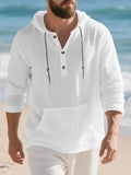 Men's Casual Linen Hoodie, Long Sleeve Henley Button Pullover. Crafted from Soft, Lightweight and Breathable Fabric, It Features a Relaxed Fit and Front Kangaroo Pocket. Ideal for Beach Vacations, Outdoor Activities, Travel and Daily Casual Wear. - White