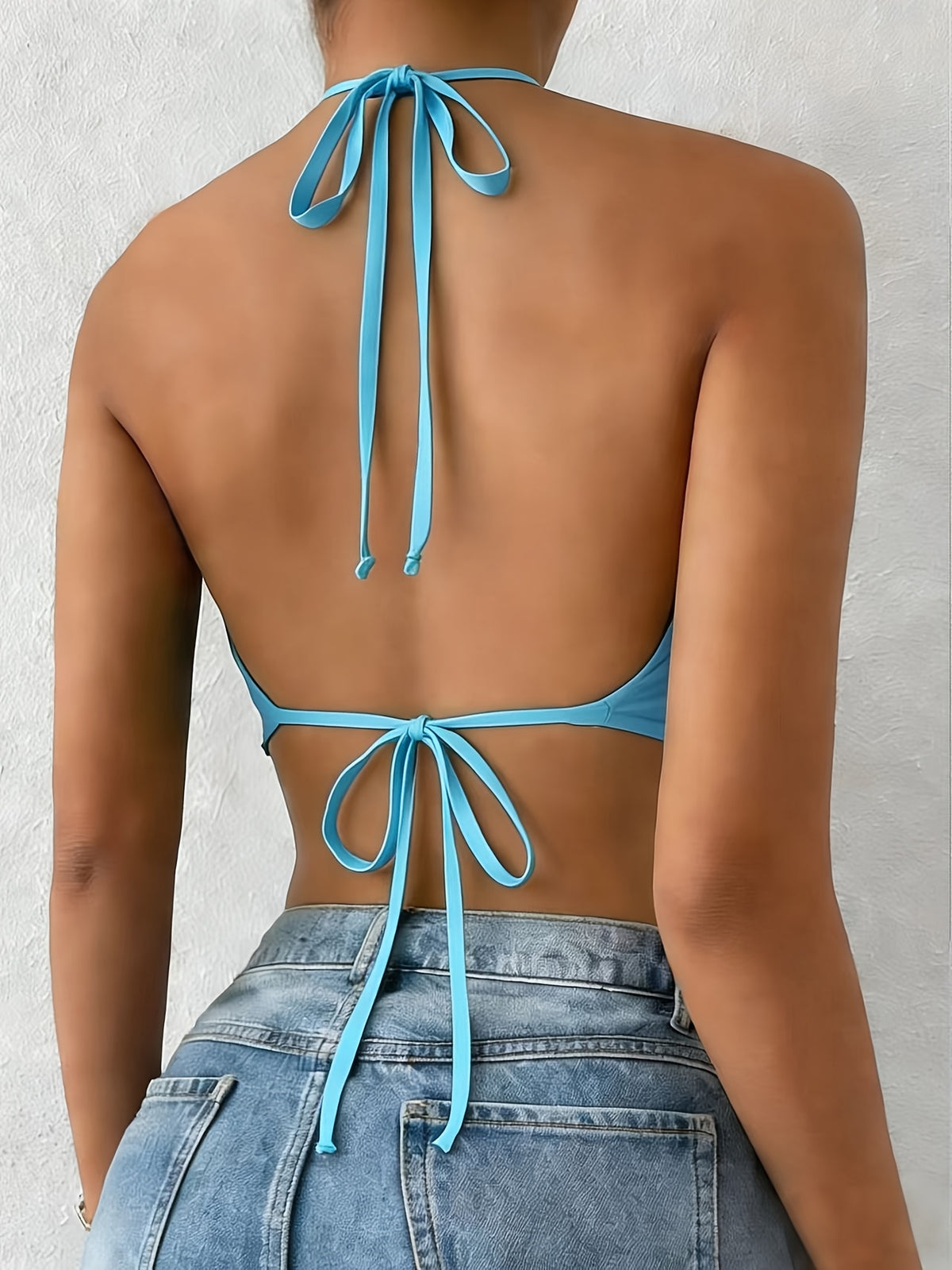 Directional Spring Summer Black Women'S Cami Halter Neck Vest, Sleeveless Top, Off-Shoulder Top, Deep Back Tie Bow Vest - Sky Blue