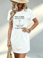 [Printed Design - Not Textured] Casual Women Dress Bob Sleeveless Funny Text Graphic Summer Beach Vacation Gift for Friend 100% - White