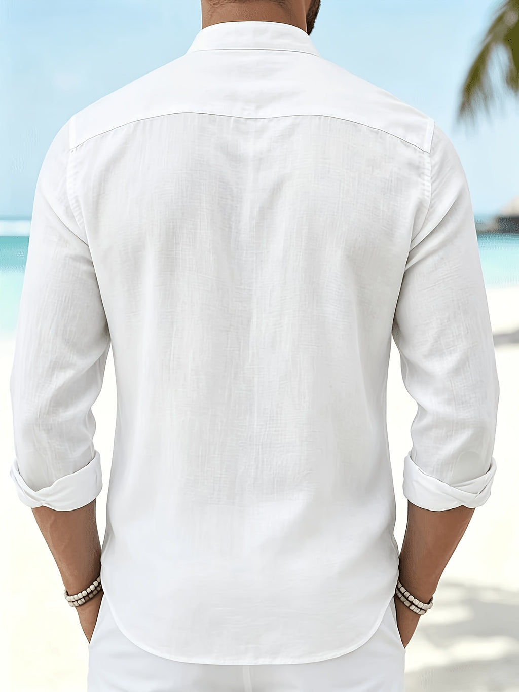 Men'S Fashion Breathable Comfortable Beach Casual Small Lapel Long Sleeve All-Season Shirt - White