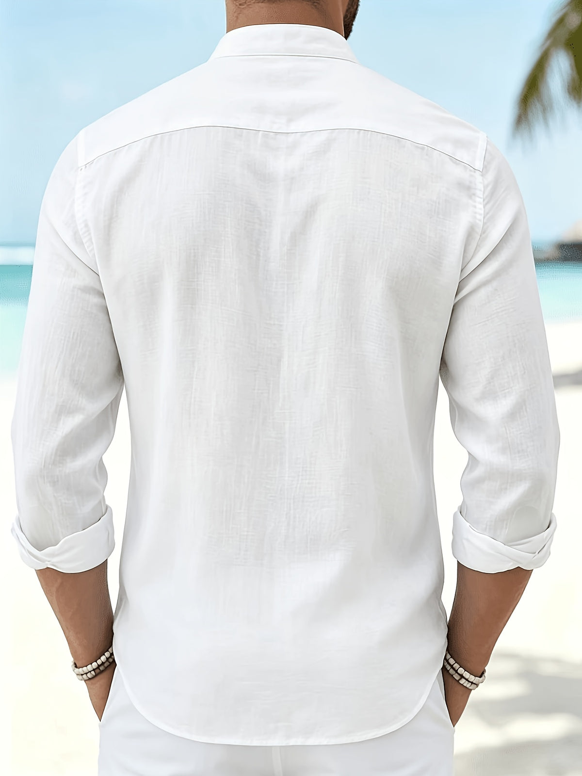 Men'S Fashion Breathable Comfortable Beach Casual Small Lapel Long Sleeve All-Season Shirt - White