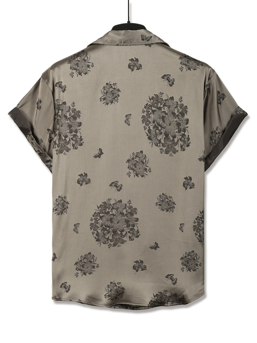 Men'S Casual Luxury Shirt - INS Style Floral Jacquard Short Sleeve Shirt with Button-Front Design, Perfect for Hawaiian Beach Vacations And Refined Casual Wear. Exquisite Gift for Boyfriend/Husband - French Eternal Elegance - Silvery Grey
