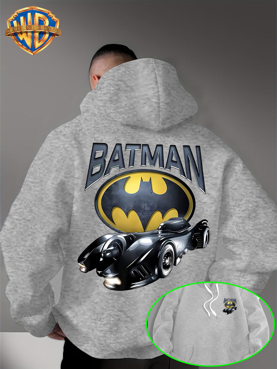 Batman Batmobile Print Hoodie, DC Movie Front-Back Print Loose Trendy Sweatshirt, Streetwear Casual Men'S Adjustable Drawstring Hoodie, Comfortable Casual Fall/Winter Wear, Fleece-Lined Warm, Suitable for Sports, Outdoor, Outings, Travel - Light Grey