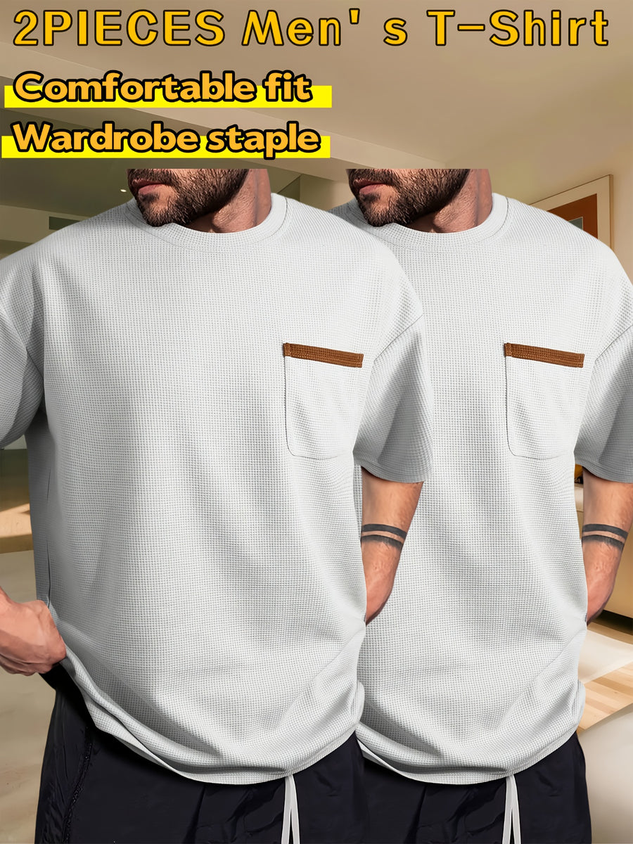 Men's Waffle-Knit Short Sleeve T-Shirt - Breathable Base Layer & Casual Round Neck Pocket Tee, Solid Color Suitable for Gym, Casual Attire, Machine Washable, Spring/Summer Layering Shirt, High-Fit Rate for Lifestyles - Light Gray + Light Gray