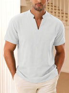 Men's Casual V-Neck Linen Short-Sleeve Shirt, Lightweight and Breathable with a Short-sleeve Design, Suitable for Summer Wear. Features a Loose Fit and Solid Color for Comfort, Ideal for Beach Vacations, Resort Hotel Trips, and Daily Wear - White