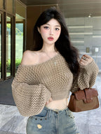 New Spring And Summer Hollow Loose Casual Breathable Elegant Long-Sleeve Top for Women - Khaki