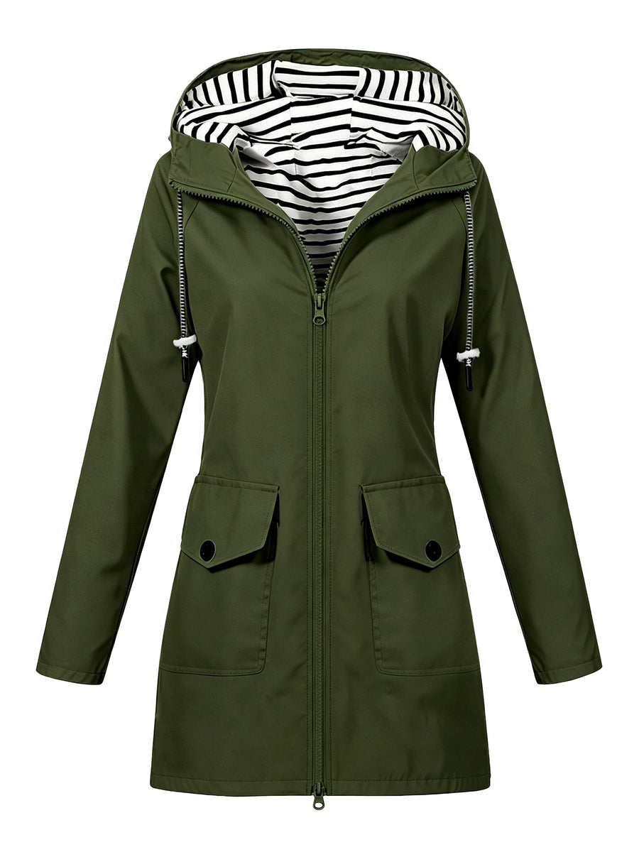 Women'S Hooded Outdoor Pocket Zipper Casual Mid-Length Trench Coat - Olive Green