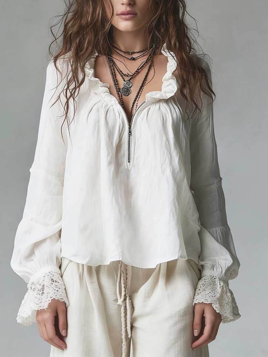 Women's Boho Ruffled V-Neck Half-Zip Blouse, Vintage Lace Trim Long Sleeve Top, Casual Loose-Fit Shirt for Spring and Summer - White