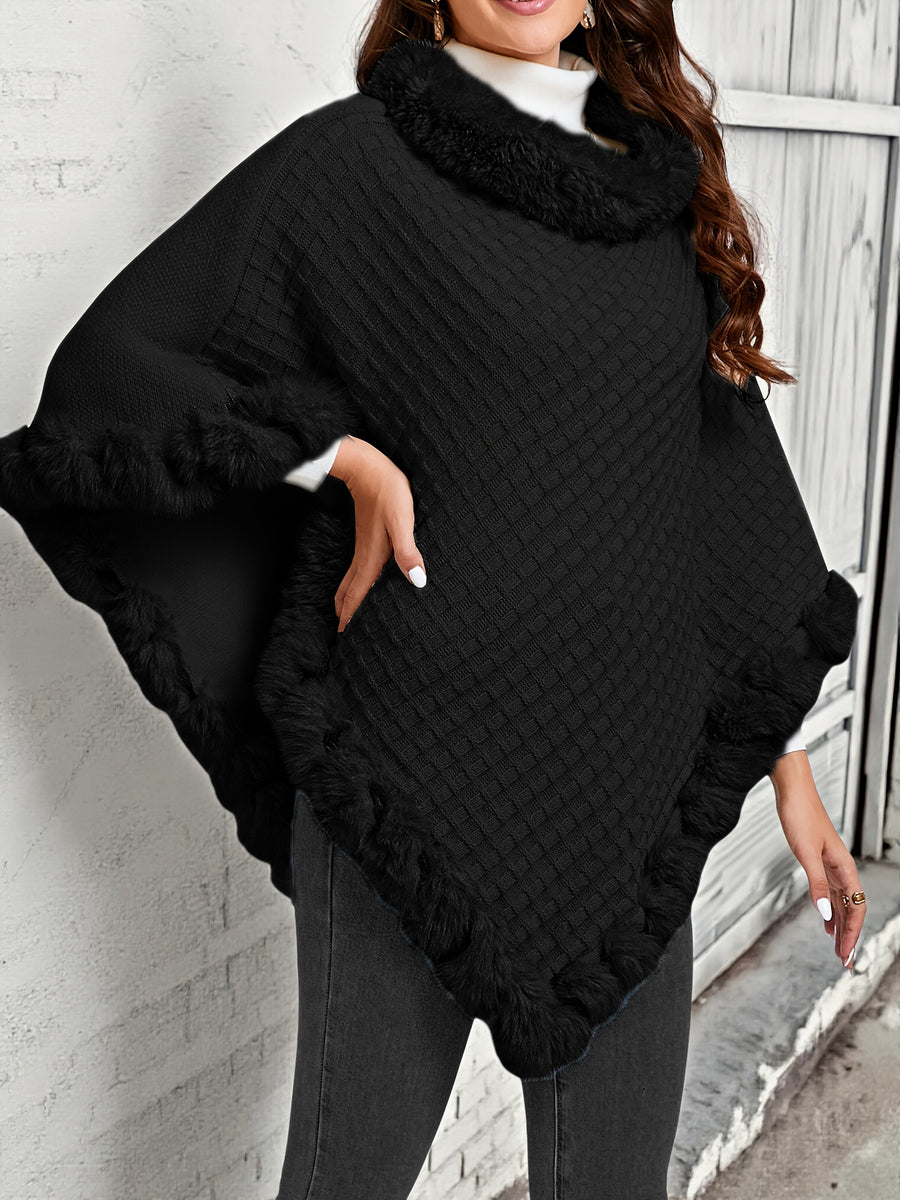 Elegant Special Edition "Pure Body Bust" - 1pc Elegant Women's Solid Color Waffle Shawl Pullover, 100% Polyester Fiber, Faux Trim Collar Patchwork, Stylish and Elegant European/American Style Warm Pullover, Suitable for Autumn/Winter - Black