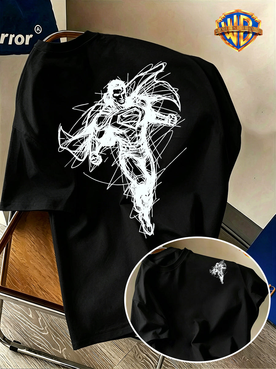 Warner Bros. Official Back-to-School Season Men's Casual T-Shirt, Soft and Breathable Lightweight Short-Sleeve Fabric, DC Superman Core S Logo Black and White Sketch Line American Anime Print, Light and Comfortable Fit, Suitable for Daily Wear - Black