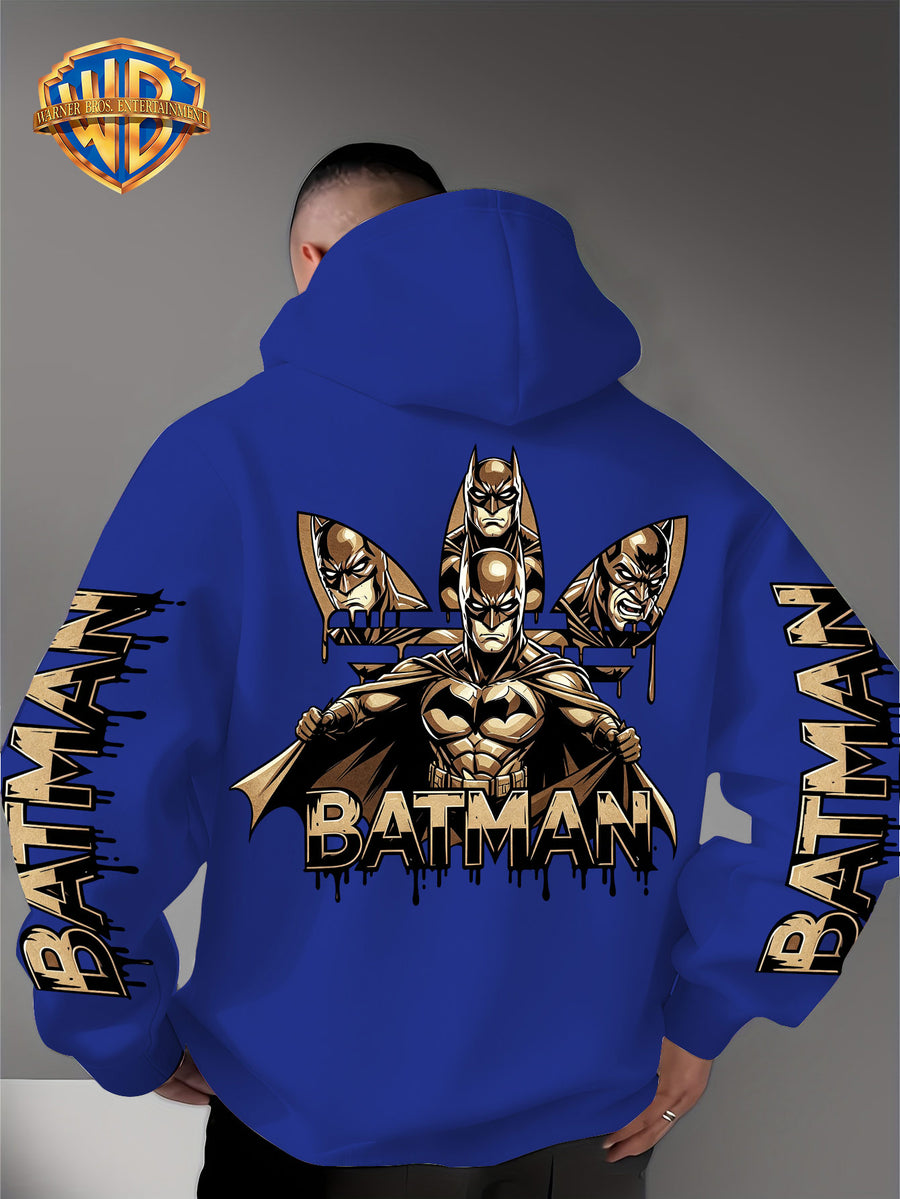 Warner Bros. Official Men's Hooded Sweatshirt - 1pc, Batman BATMAN Vintage Black and Golden Drip Lettering Creative Print, Trendy and Cool DC Superhero IP Graphic Hoodie, Skin-Friendly, Comfortable, and Warm Fabric, Kangaroo Pocket with Ribbed Cuffs - Blue