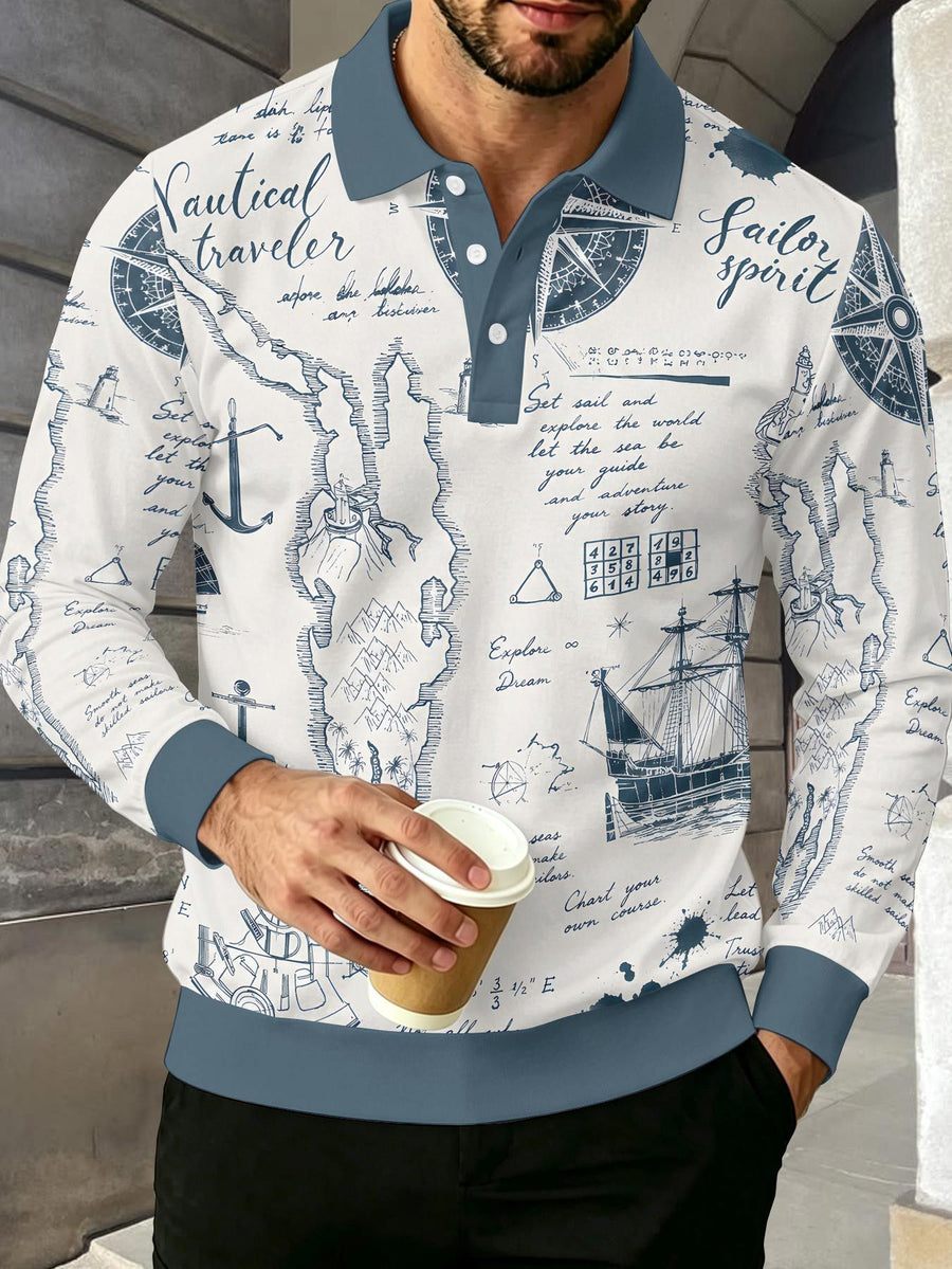Men's Contrast Color Long Sleeve Polo Shirt, Lapel Collar Three-Button Casual Top with Vintage Nautical Manuscript Print, Versatile Men's Apparel for Spring/Autumn Business Commuting and Golf, Surprise Birthday/Holiday Gift for Young Men - Multicolor A