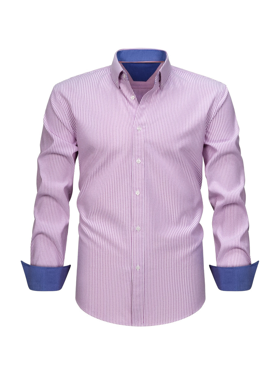 New Cotton Oxford Shirt for Men, Casual Fashion Long Sleeve with Collar and Cuff Patchwork Design, Comfortable and Fitted Business Loose Shirt, Button-Up Striped Dress Shirt, Long Sleeve Collared Striped Dress Shirt for Office Work, Fine Stripe Shirt - Purple background with white stripes
