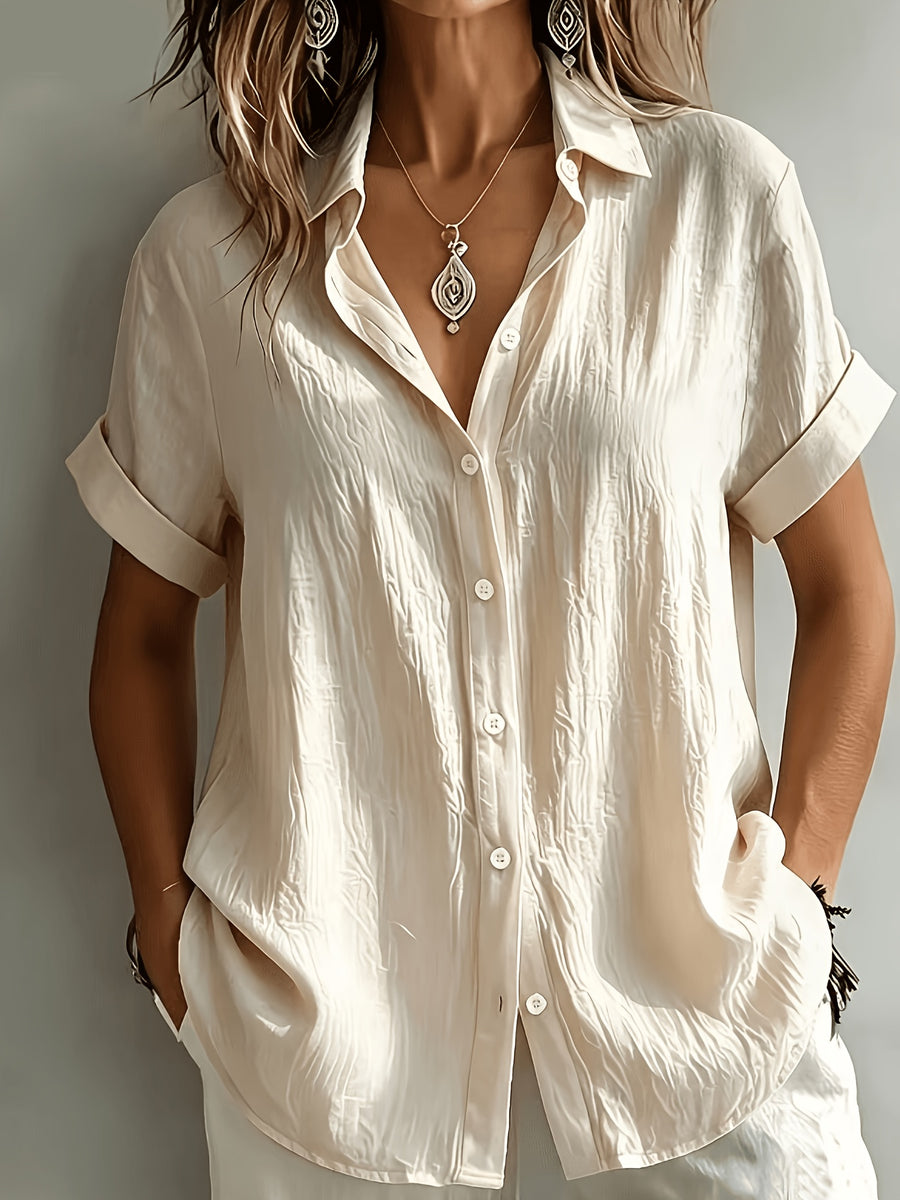 Women's Elegant Vacation-style Short-sleeve Top, Loose and Relaxed Shirt, Commuting Casual Literary Style, Figure-flattering, Daily Temperament Style, Loose and Draping, Breathable and Comfortable - Off-white