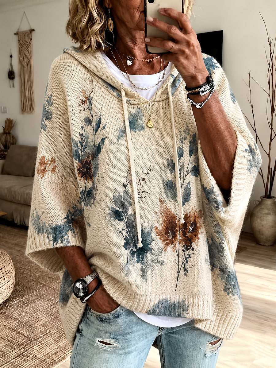 2026 Women'S Fall Winter Vintage Floral Print Hooded 3/4 Sleeve Cape Sweater Top with Drawstring Design, Lazy Style Fashion Versatile Casual Commute Vacation Pullover Top Women'S Clothing - Apricot