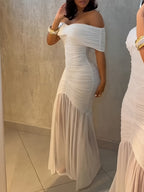 Off-The-Shoulder Pleated Waist See-Through Party Dress - White