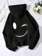 Women's Halloween Expression Print Hooded Cardigan Sweatshirt - Sporty Casual Style, Warm, 100% Polyester Fiber, 230g Fabric, Printed Design, Essential for Autumn/Winter, Fashionable and Simple, Casual and Comfortable, Energetic, Unique Personality - Black