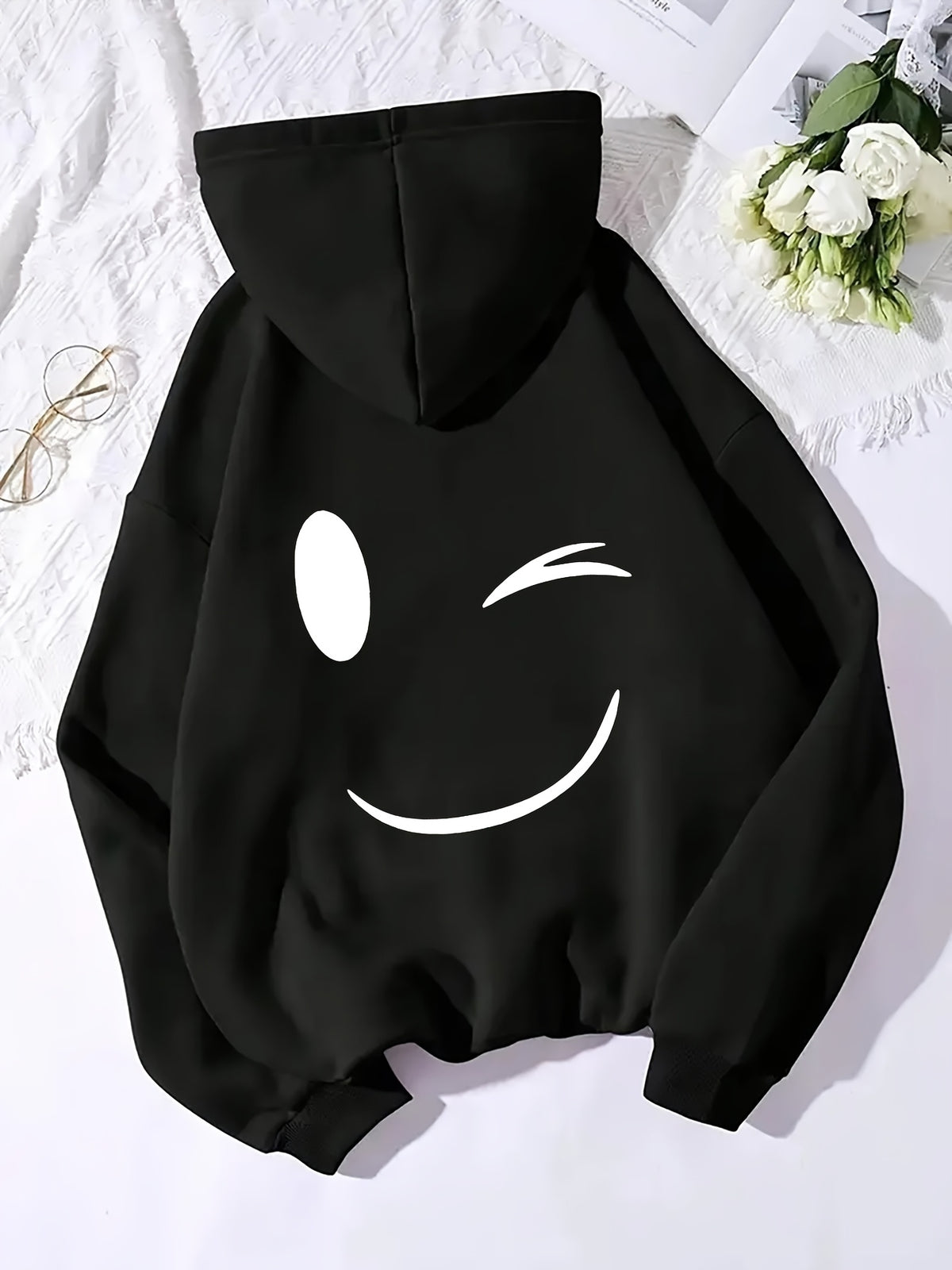 Women's Halloween Expression Print Hooded Cardigan Sweatshirt - Sporty Casual Style, Warm, 100% Polyester Fiber, 230g Fabric, Printed Design, Essential for Autumn/Winter, Fashionable and Simple, Casual and Comfortable, Energetic, Unique Personality - Black