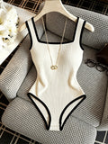 Women's New Summer European and American Style Contrast Trim Bodysuit Tank Top - Apricot
