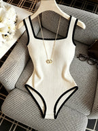 Women's New Summer European and American Style Contrast Trim Bodysuit Tank Top - Apricot