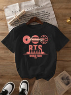 World Tour Arirang Pattern T-shirt, Short-sleeved Crew Neck Casual Top, Summer and Spring, Women's Wear - Black