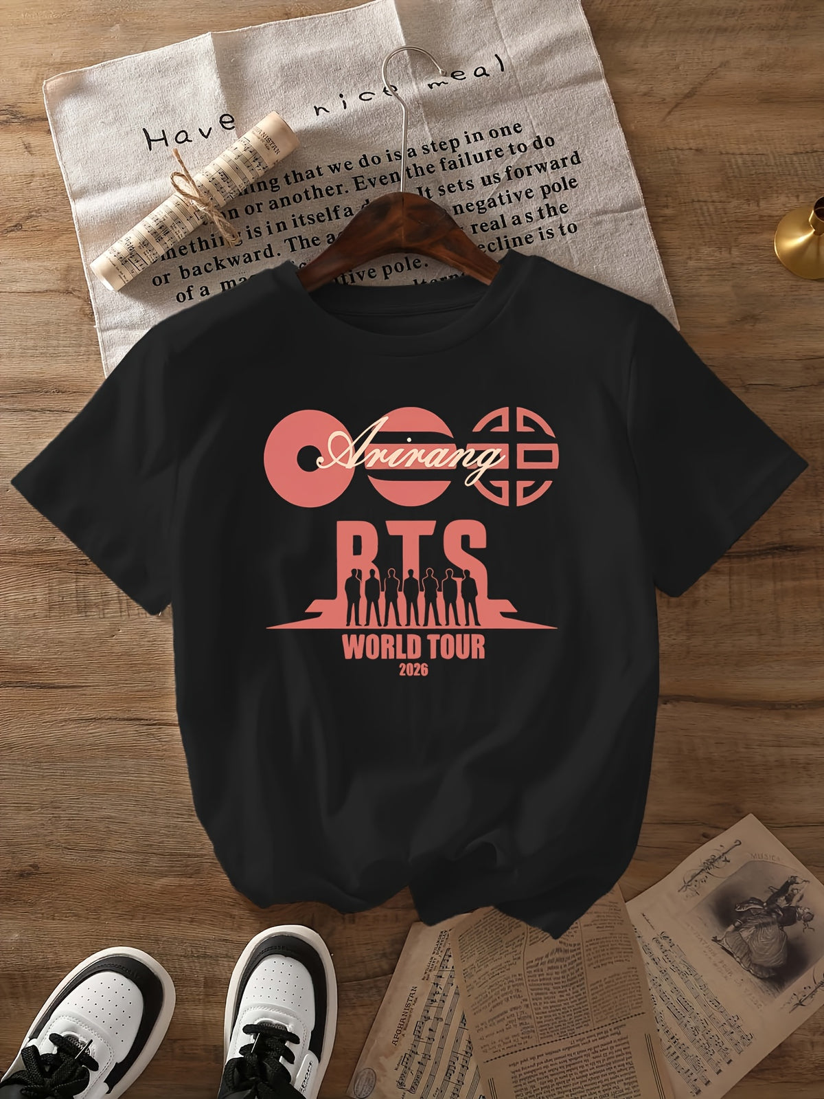 World Tour Arirang Pattern T-shirt, Short-sleeved Crew Neck Casual Top, Summer and Spring, Women's Wear - Black