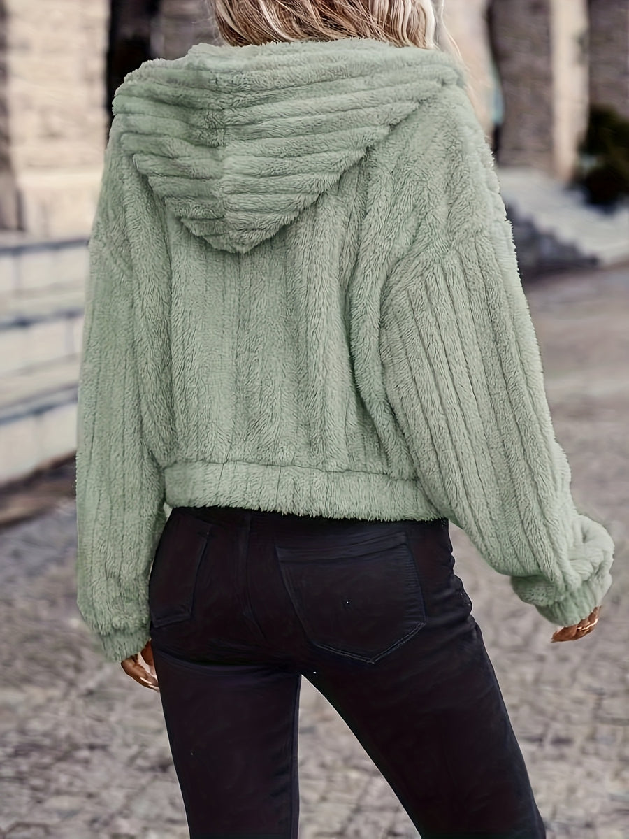 Solid Color Double-Sided Plush Zipper Hooded Cardigan, Women's Casual Plush Coat for Autumn and Winter - Matcha Color