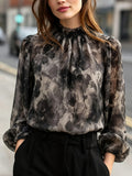 French Lazy Style Sumi Ink Print Chiffon Blouse, Shirred Stand Collar Lantern Sleeve Sheer Long Sleeve Top - Deep Grey