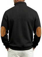 Men's Waffle Knit Casual Loose-Fit Long Sleeve Color-Block Stand Collar Half-Zip Autumn/Winter Sweatshirt - Black